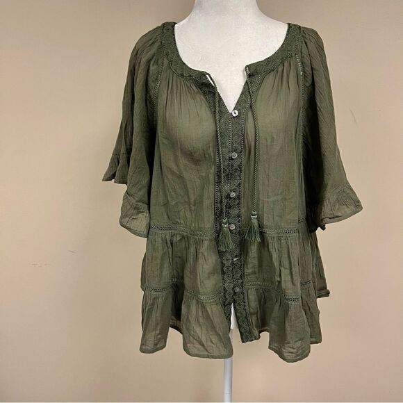 J jill olive green boho flare sleeve cotton top. Size M/L - Picture 1 of 9